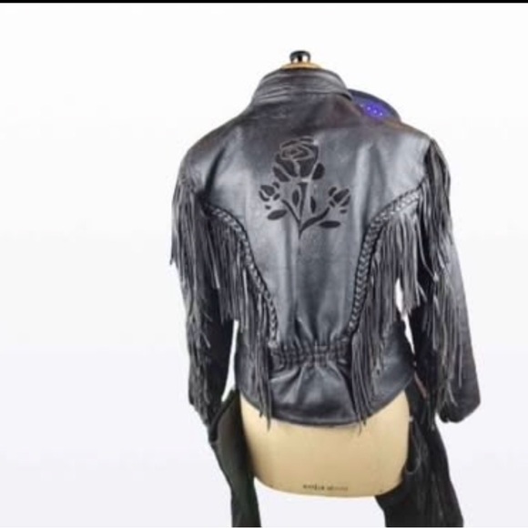 Unik Black Leather Jacket with Fringe, size Small - Picture 2 of 3